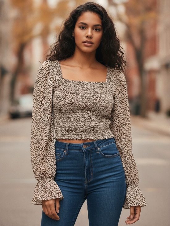 Altar'd State Tops - Altar'd State Leopard Print Crop Top Smocked Poet Long Sleeve Boho Blouse